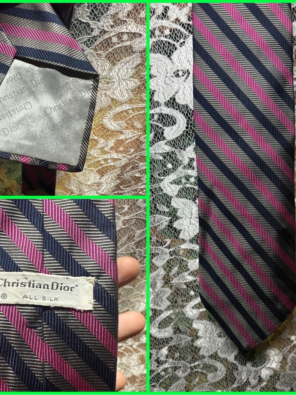Christian Dior vintage Silk Diagonal Stripe Tie in Navy, Pink and Silver